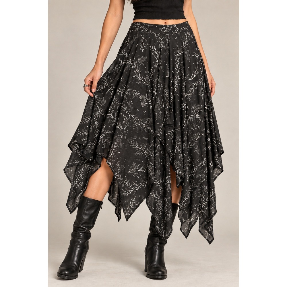 Whimsigoth Witchy Celestial Handkerchief Midi Skirt Black Moon Fairy Medium